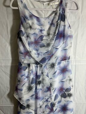 LC Lauren Conrad White Midi Dress with Blue & Gray Floral Print